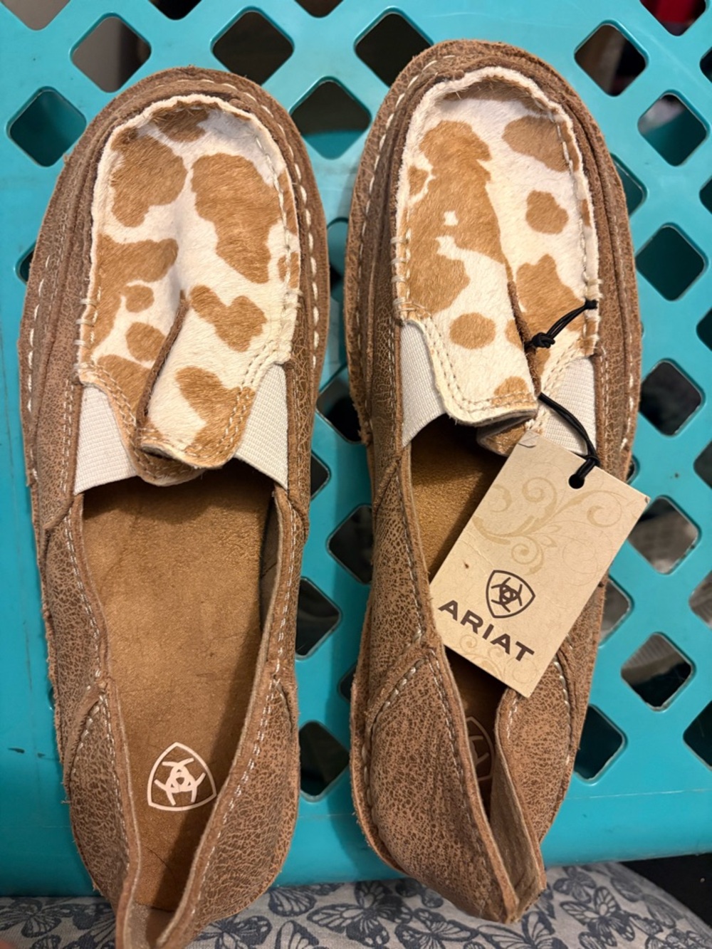 Ariat Tan Suede Loafers with Cream & Brown Cowhide Vamp